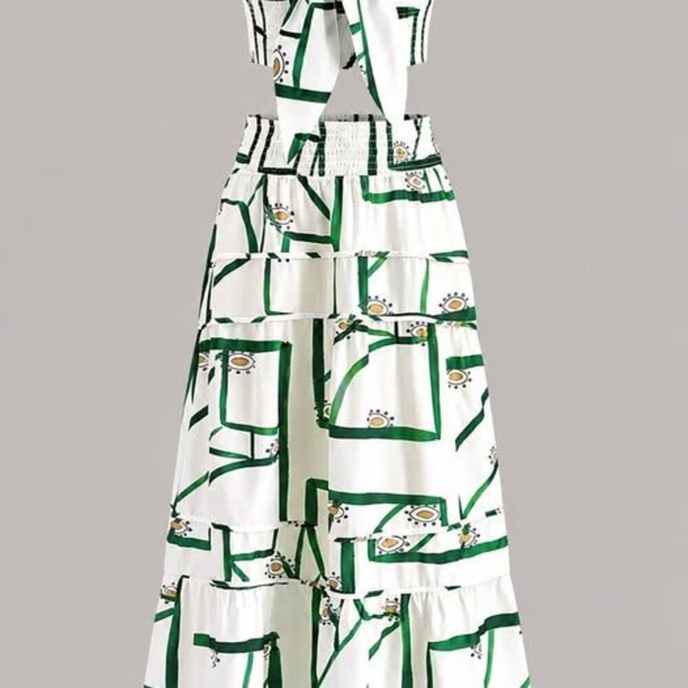 Commense XS Linen Blend Two Piece Crop Top Maxi Skirt Set Green Ivory